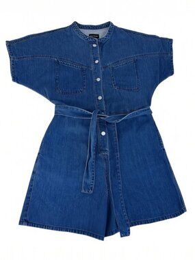 FRANK AND OAK Blue Denim Belted Utility Romper Short Sleeve organic cotton size